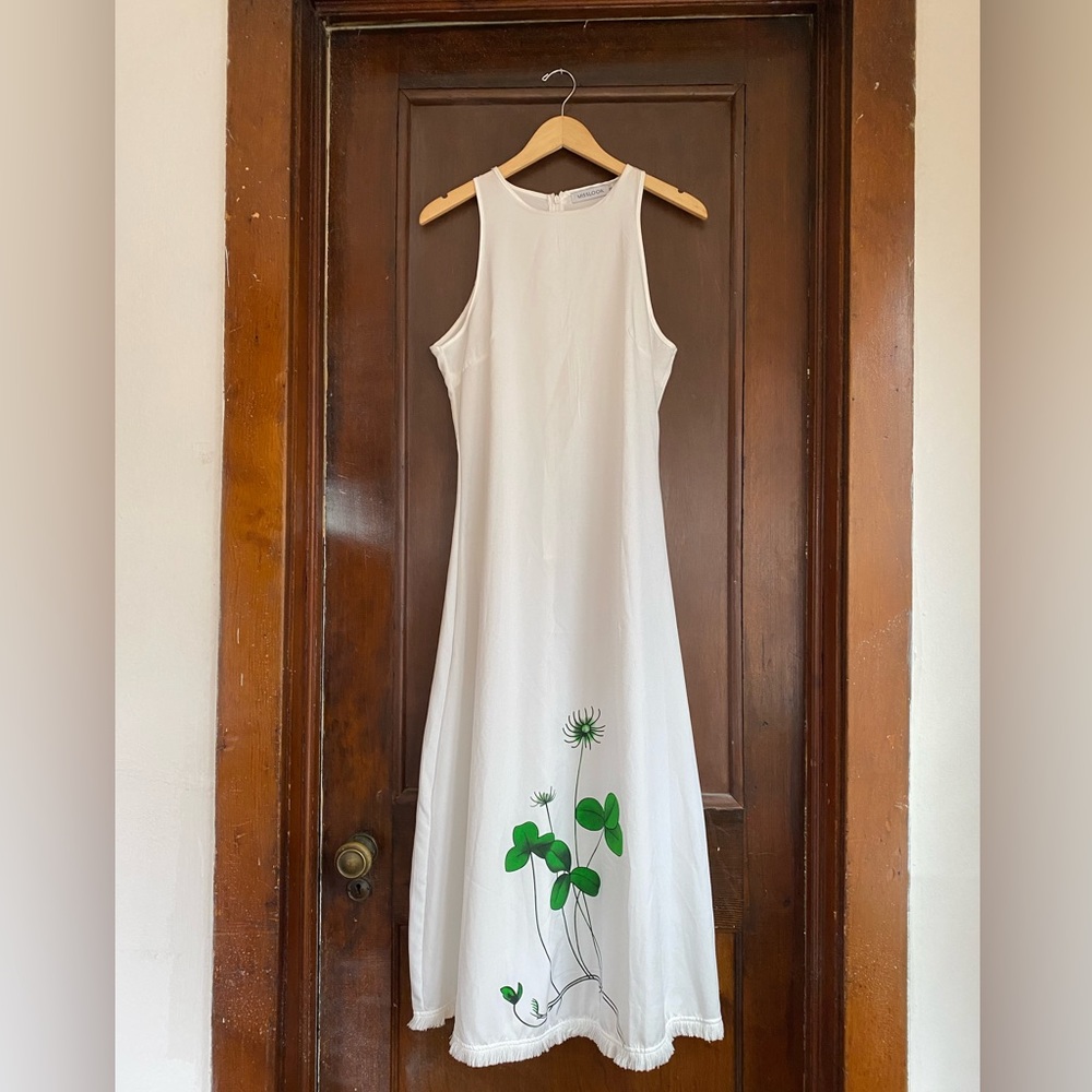 SOLD | Maxi Sleeveless White Shift Dress with Fringe and Clovers